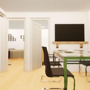 Master dining with white plaster