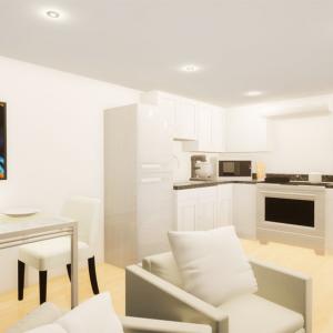 The kitchenette area, plastered walls