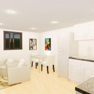 Lounge with white plastered wall