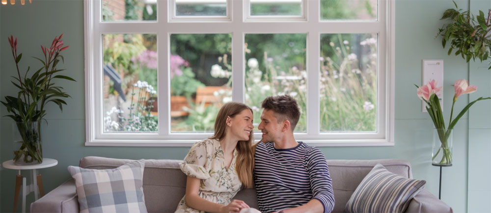 Illustration of a young couple living in a log cabin in a parent