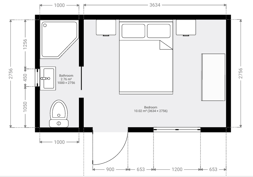 The Nook, one room annex with shower and toilet, plan view